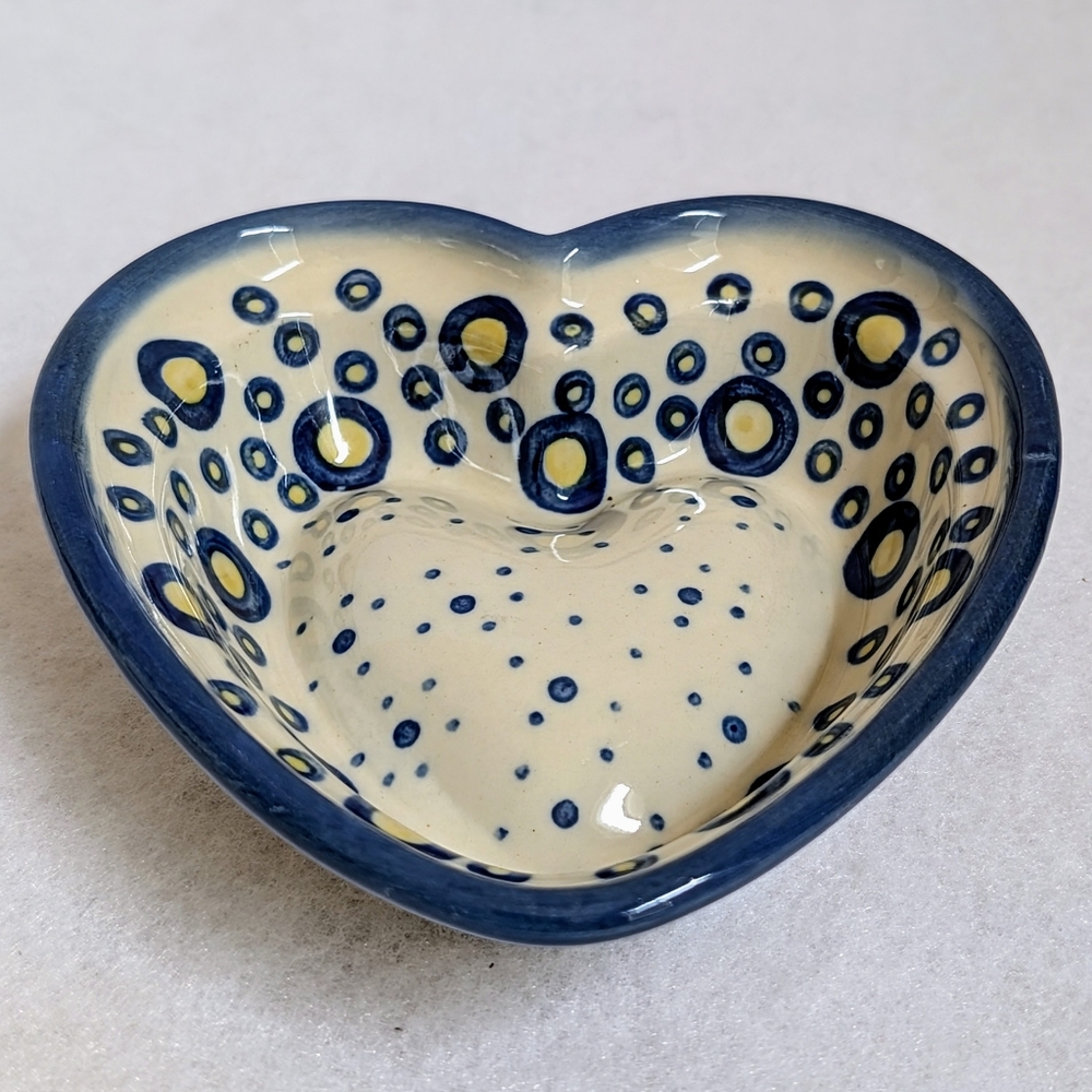 Polish Pottery Small Decorative Heart with a Yellow & Blue Dot Design